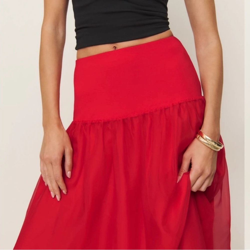 Reformation Nuria Red Drop Waist Retro Tulle Formal Midi Skirt Size Medium - Picture 3 of 12